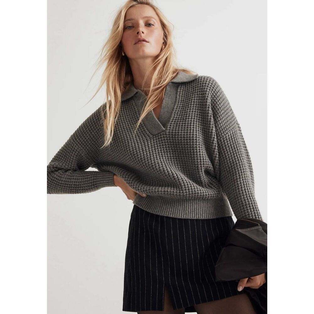 Madewell Gray Waffle-Knit V-Neck Sweater
